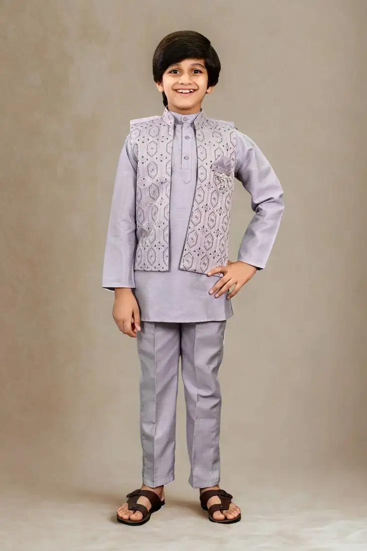 Boys cotton silk geometric sequined floral embroidered kurta shrug set- lavender