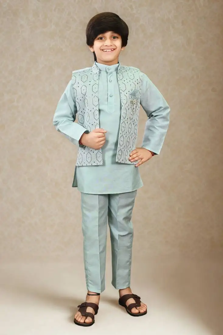 Boys cotton silk geometric sequined floral embroidered kurta shrug set- aqua blue