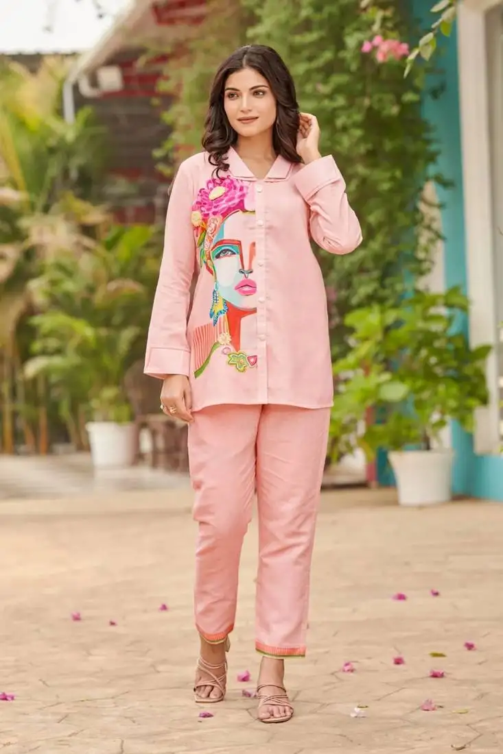 Peach printed cotton iyana softpink co-ord sets