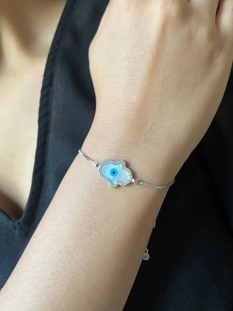 Hamsa hand evil eye bracelet - silver plated