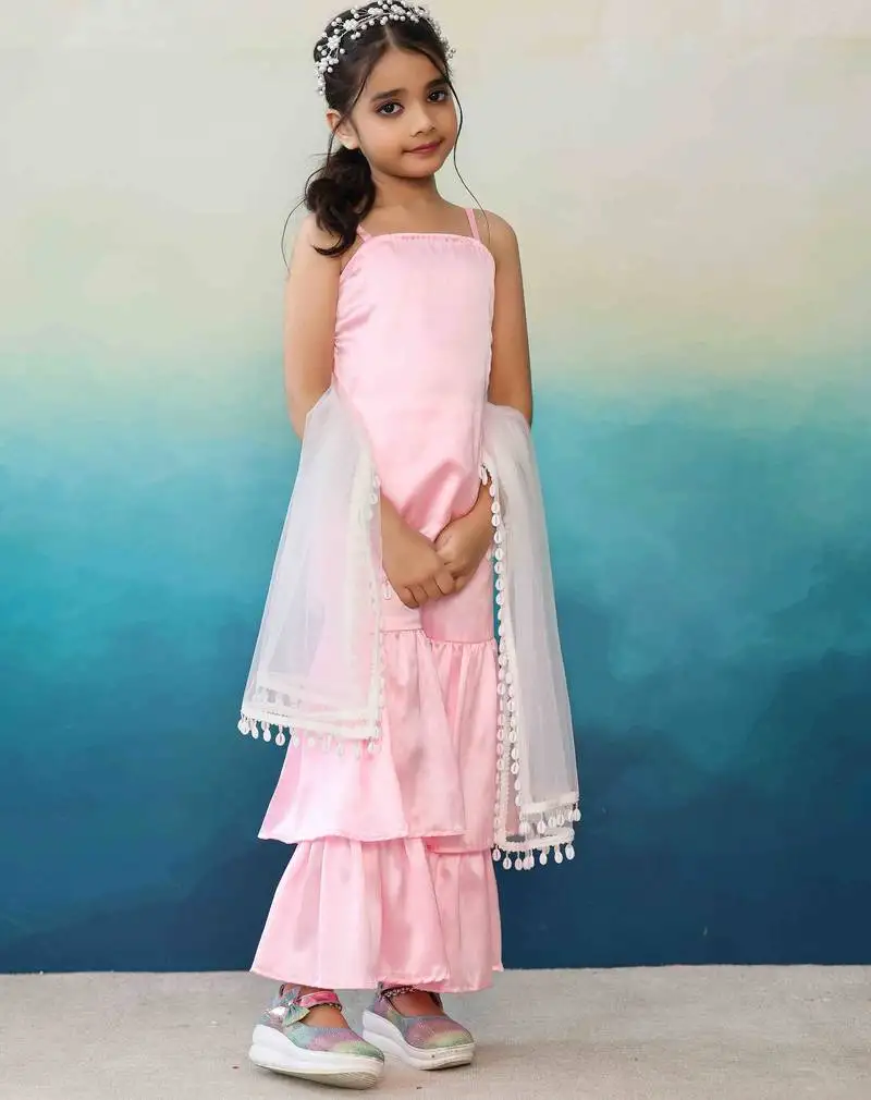 Pink satin silk top & triple layer sharara set with white dupatta