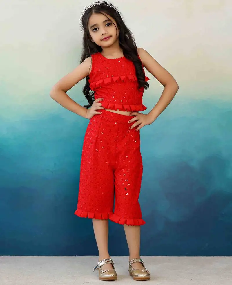 Red rayon chikankari top & pants set with georgette frill