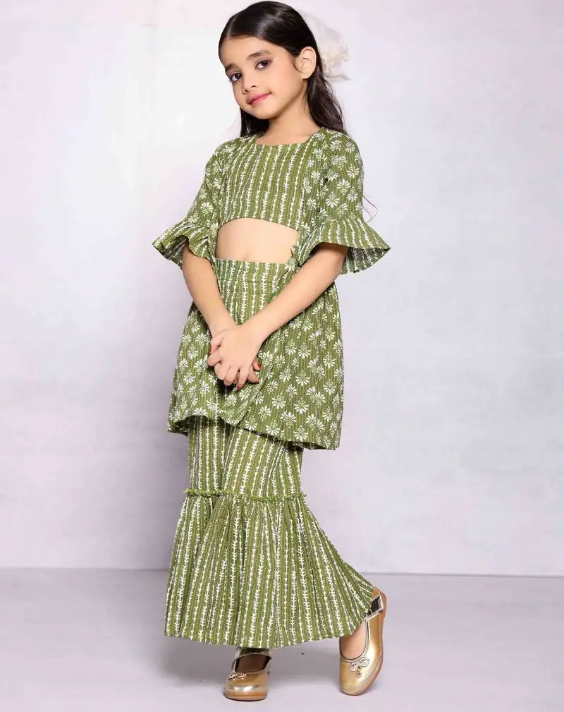 Green geometric print 3-piece set for girls: jacket, top, and sharara pants