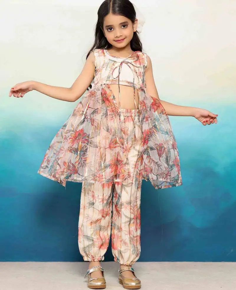 cream zari work & digital print jacket, top, and harem pants for girls (set of 3)
