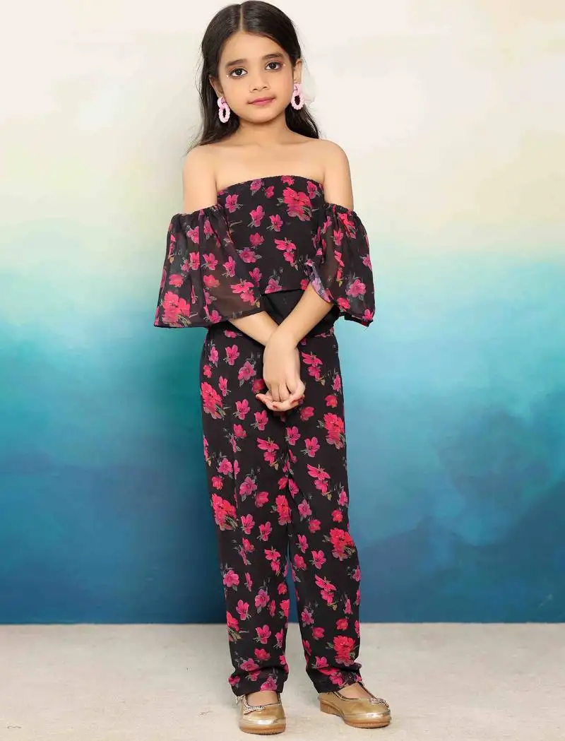 Stylish black georgette off-shoulder floral coord set for girls by futra gabha (set of 2)