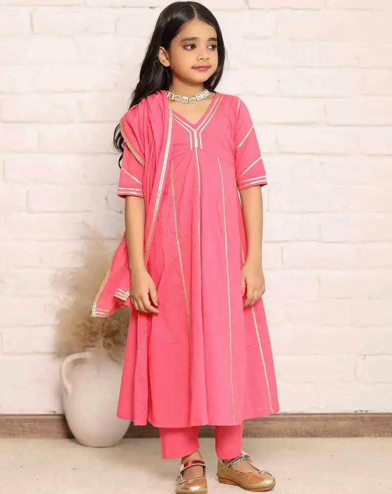 Coral pink gotta work anarkali kurta with pants and dupatta set for girls (set of 3)