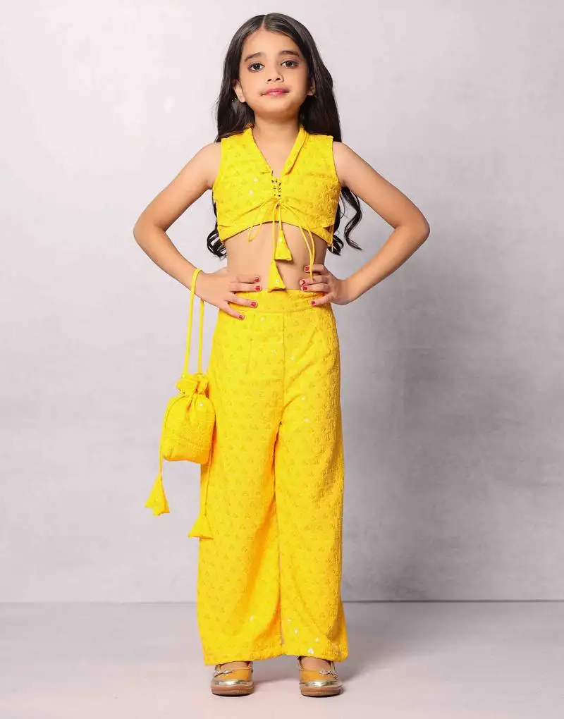 Yellow rayon chikankari two-piece set with potli bag (set of 3)