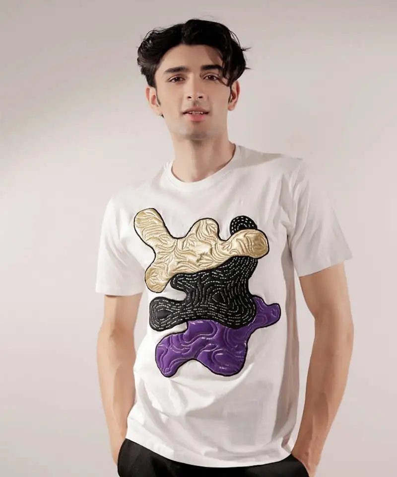 Abstract quilting patched white t-shirt
