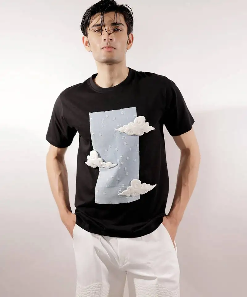 3d cloud patched black cotton t-shirt