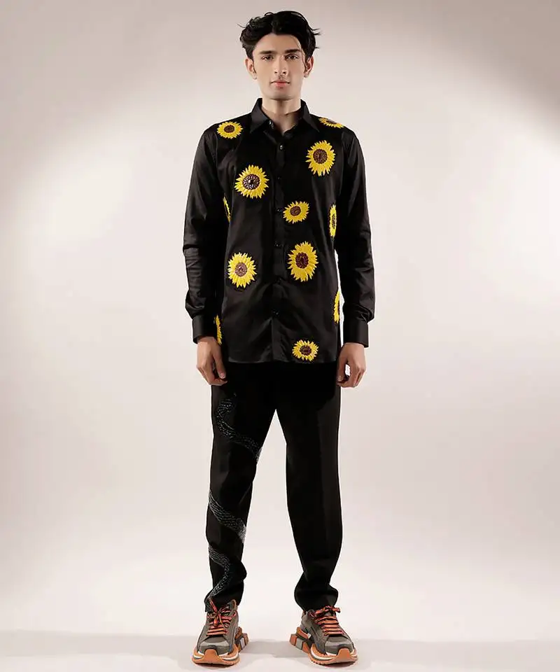 Quilted sunflower black cotton shirt
