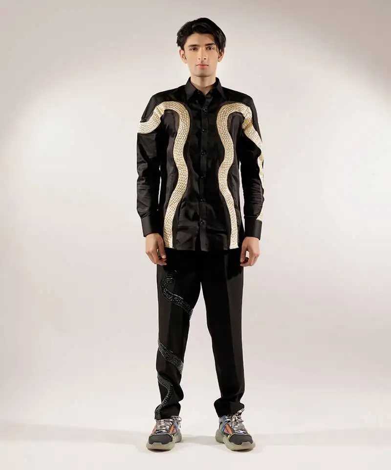 Golden quilted snake black cotton shirt