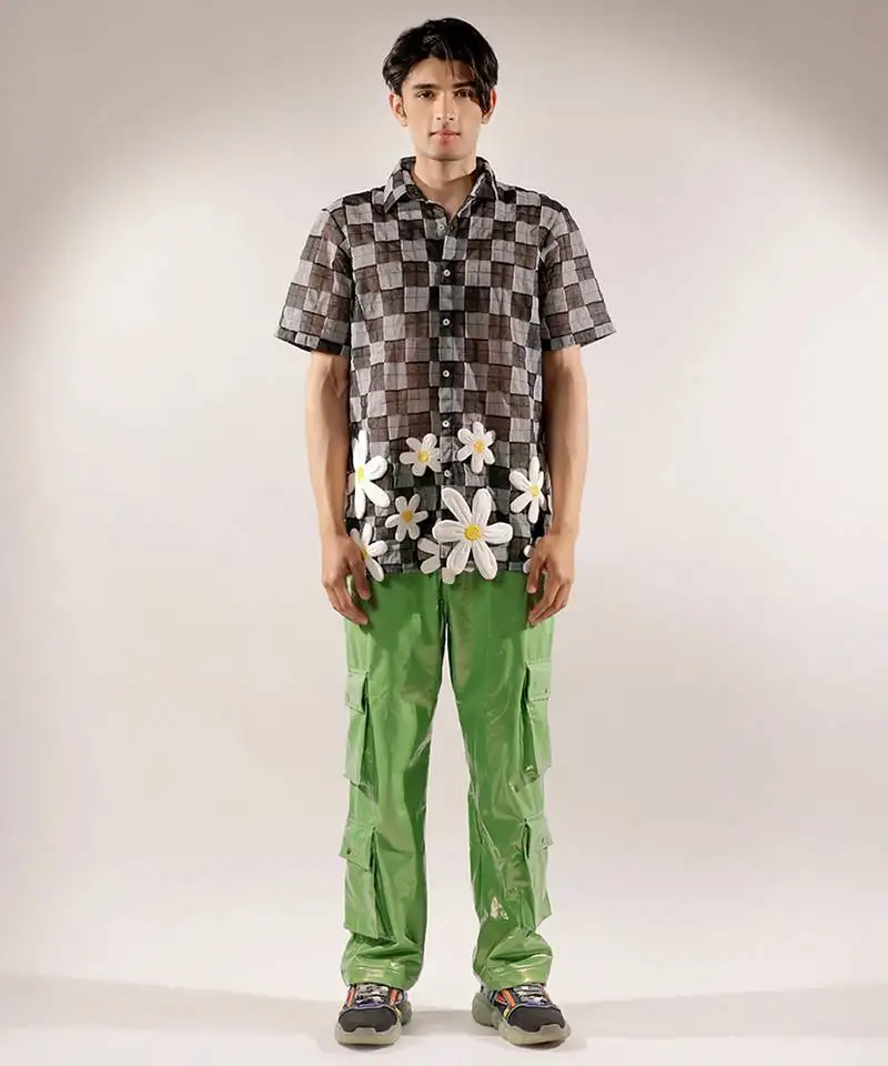 Net woven 3d flower net black shirt