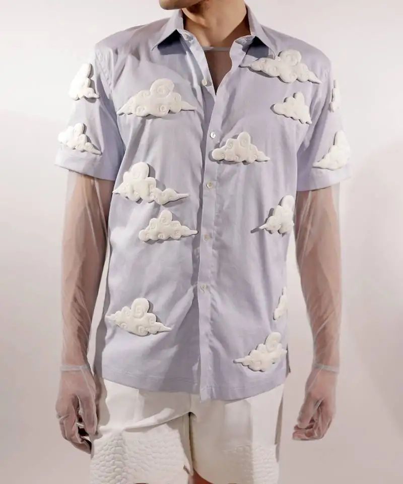 3d cloud quilted blue cotton shirt