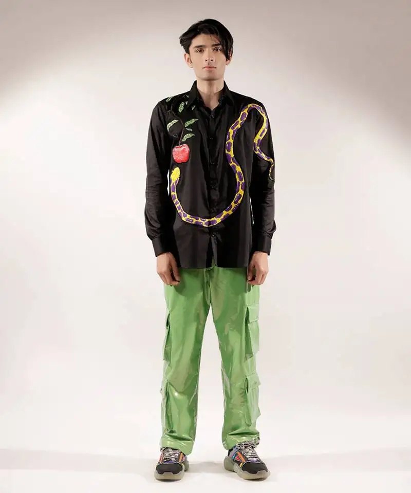 Snake quilted black full sleeve cotton shirt