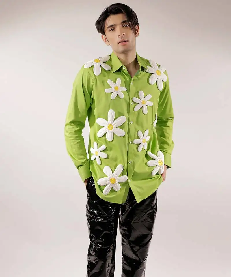3d flower quilted green cotton shirt