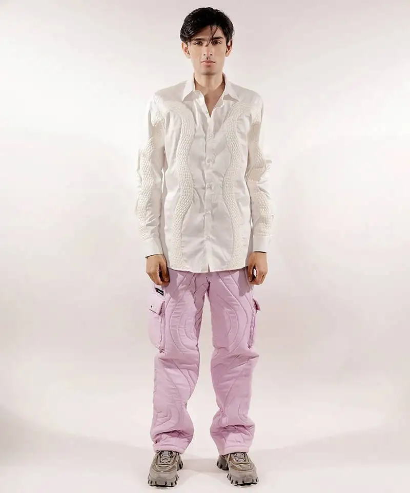White snake quilted full sleeve cotton shirt