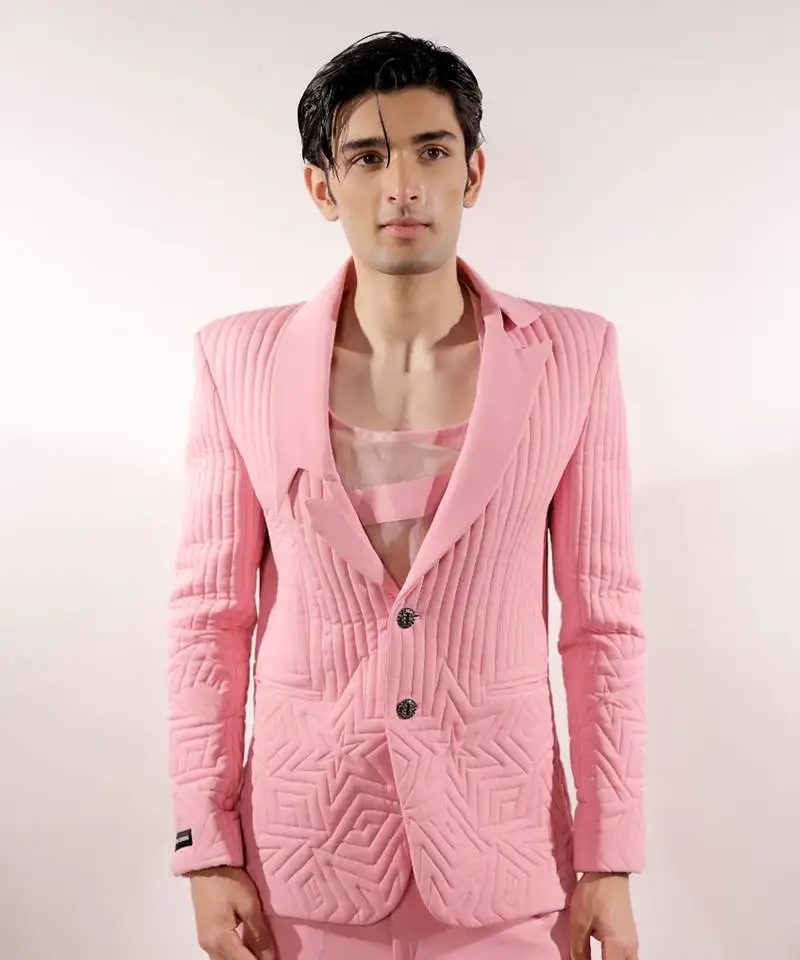 Monochrome quilted crepe pink blazer set