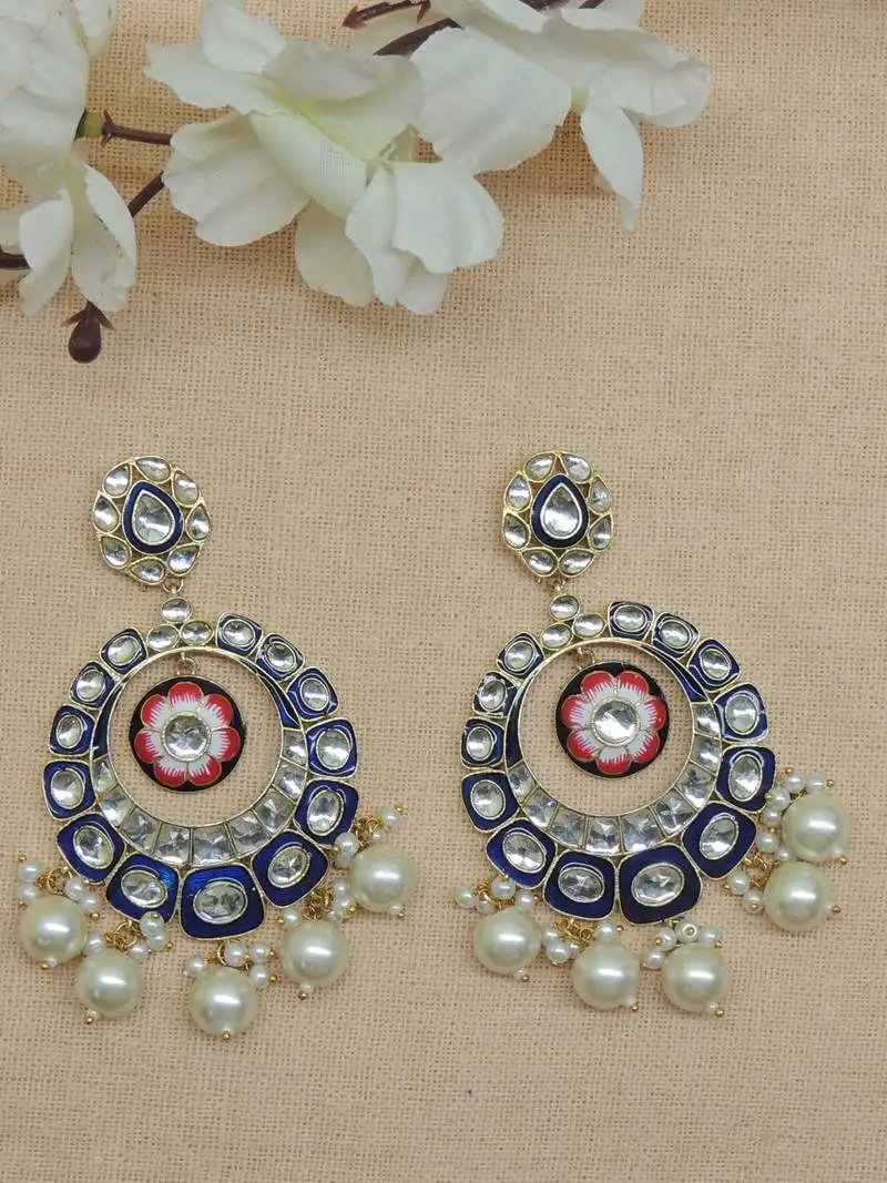 Traditional kundan royal-blue floral chandbali