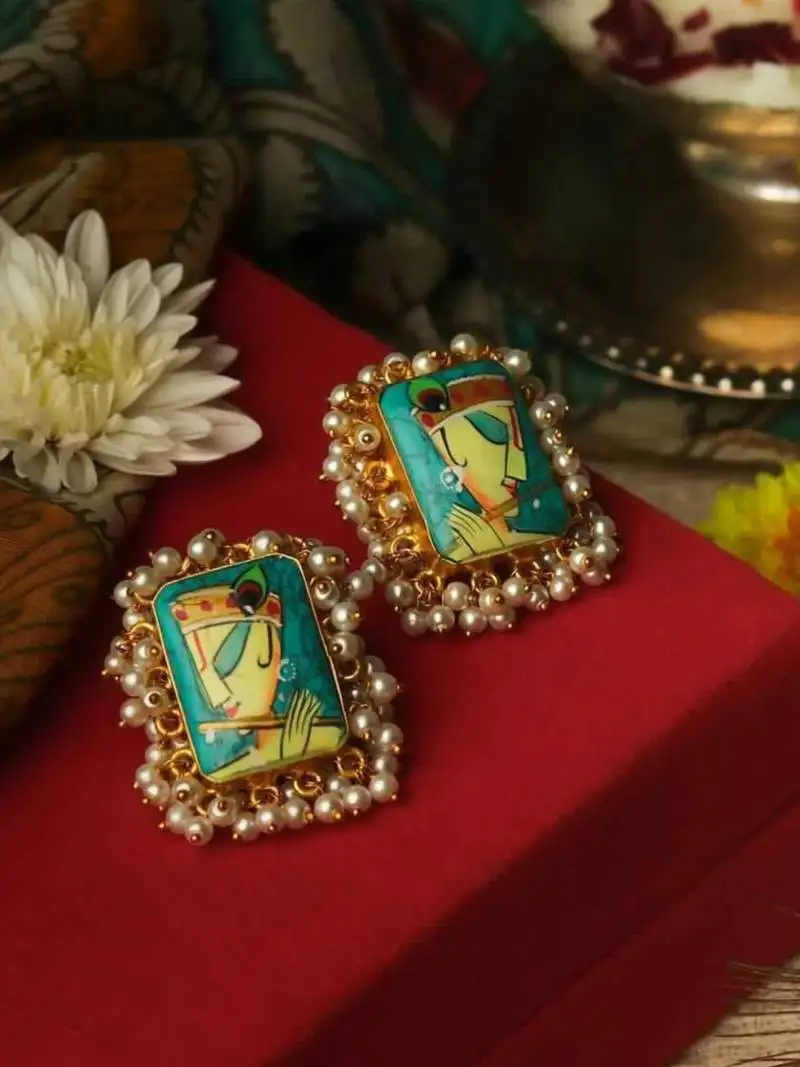 Hand-painted krishna gold plated studs