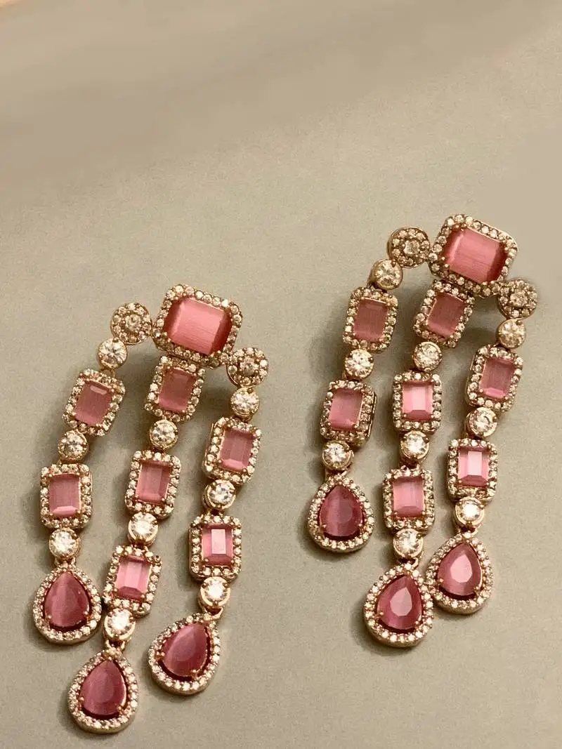 Designer rose-plated pink stone earring