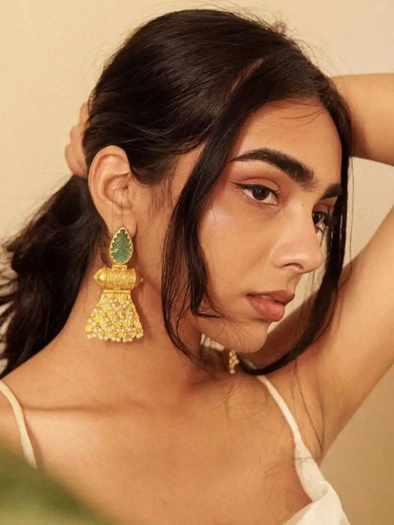 Gold plated unique craving stone designer earring