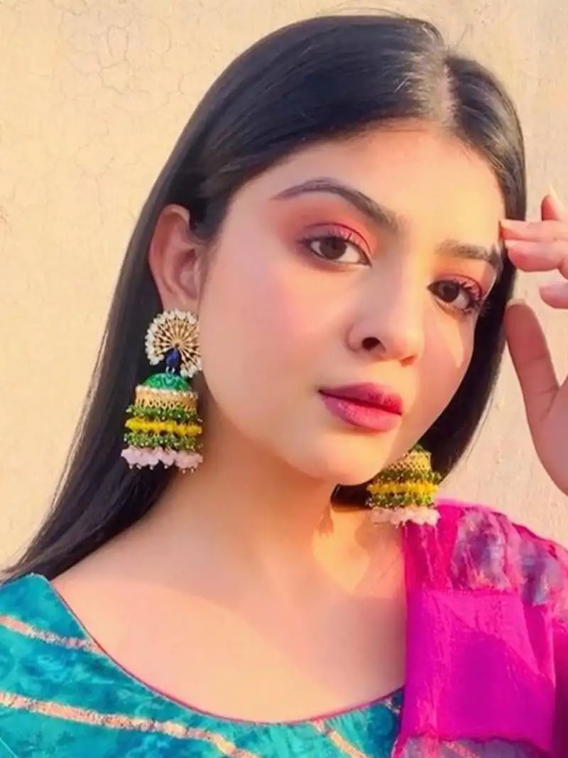 Peacock green floral hand painted colour-full beads jhumka