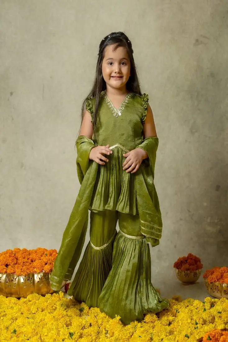 Olive green embroidered sharara set