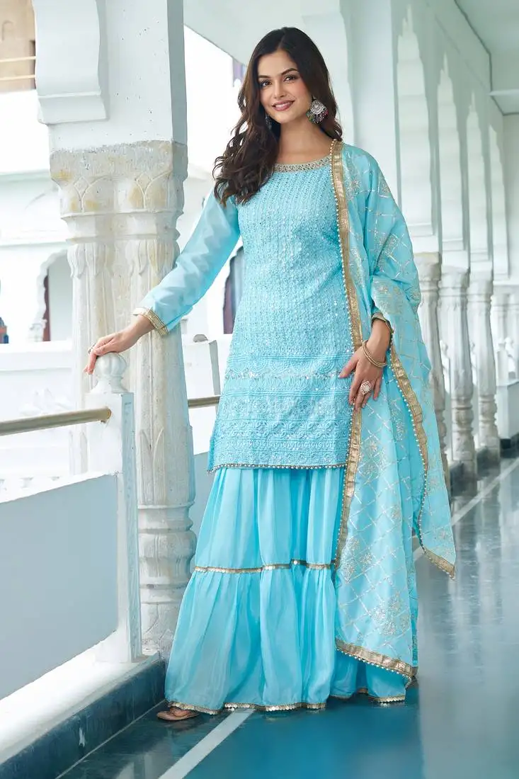 Sky blue chinon silk embroidered salwar suit stitched
