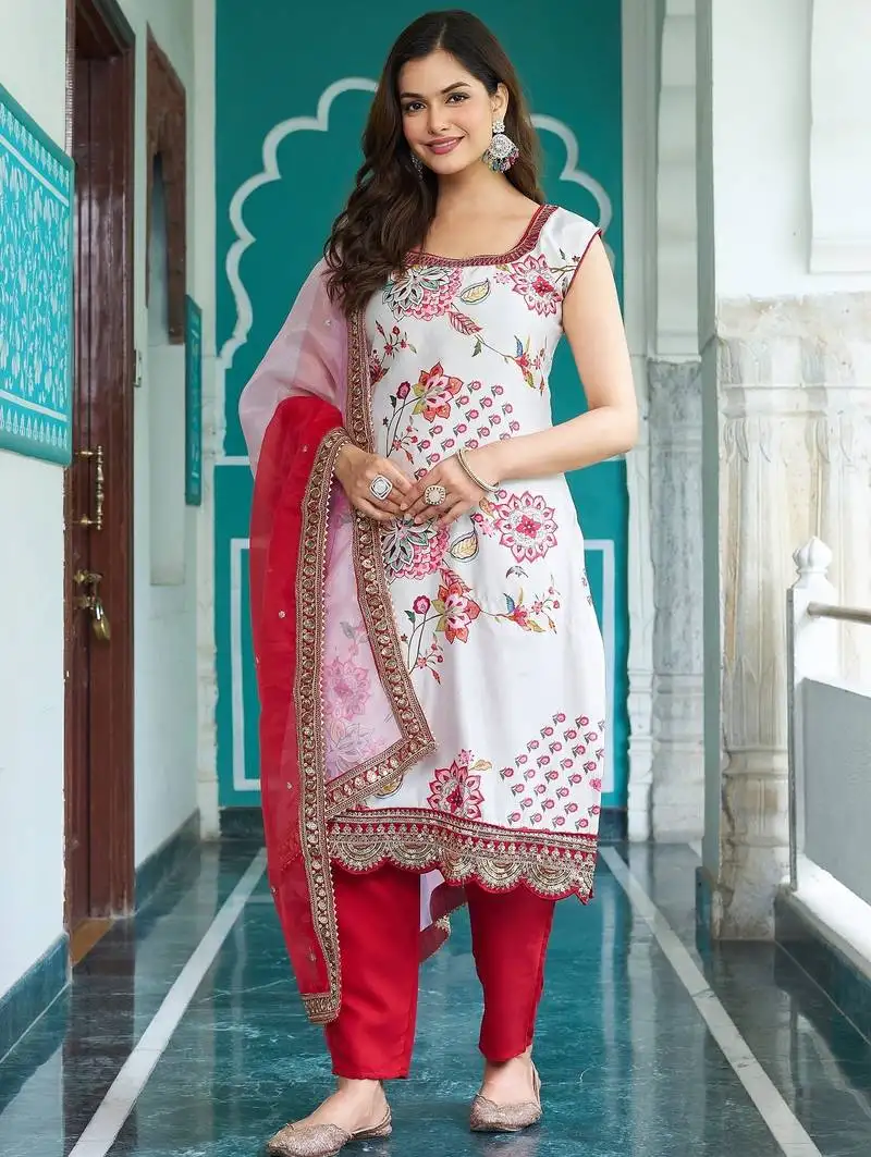 Cream satin digital print with lace work kurta pant set