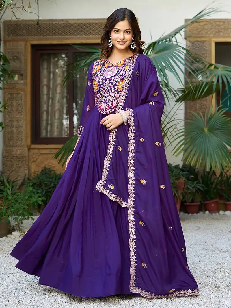 Purple thread embroidered georgette gown with dupatta stitched