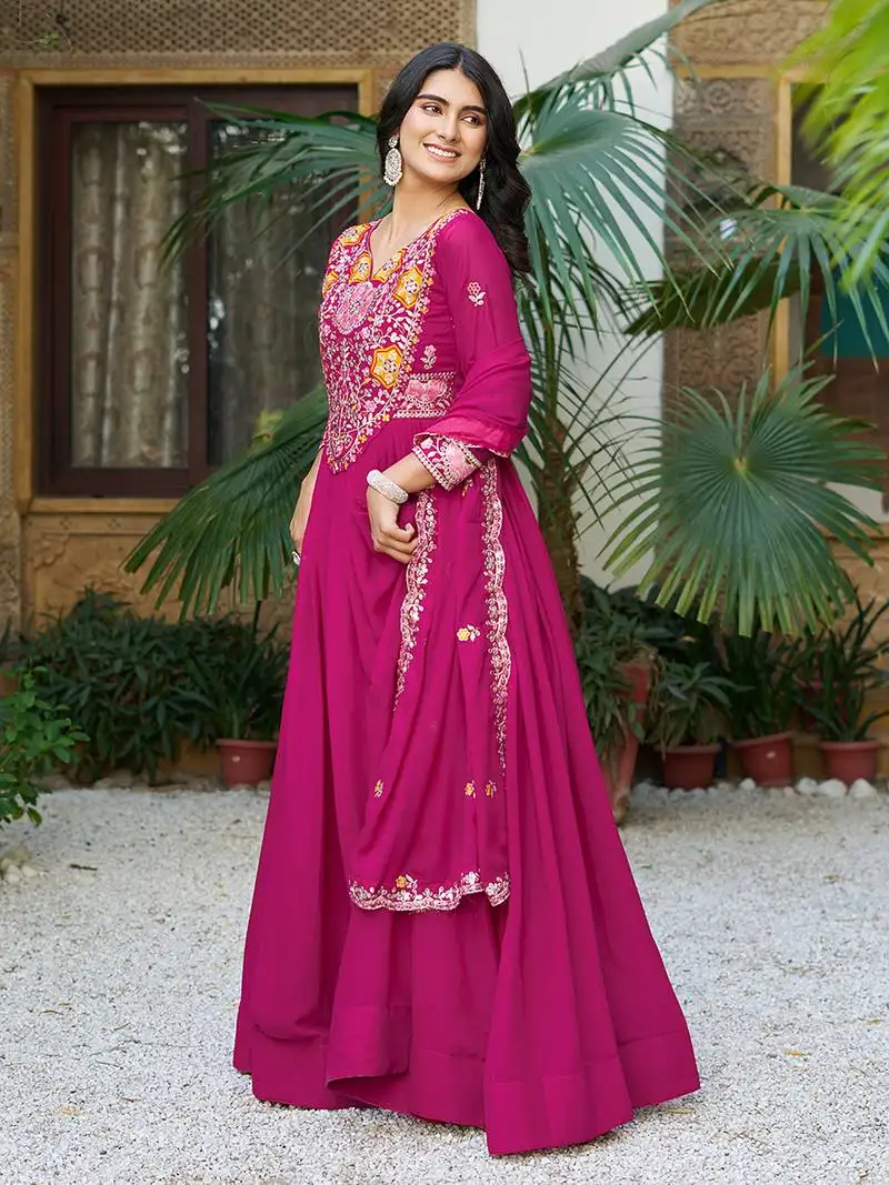 Pink georgette sequins reception wear gown with dupatta stitched