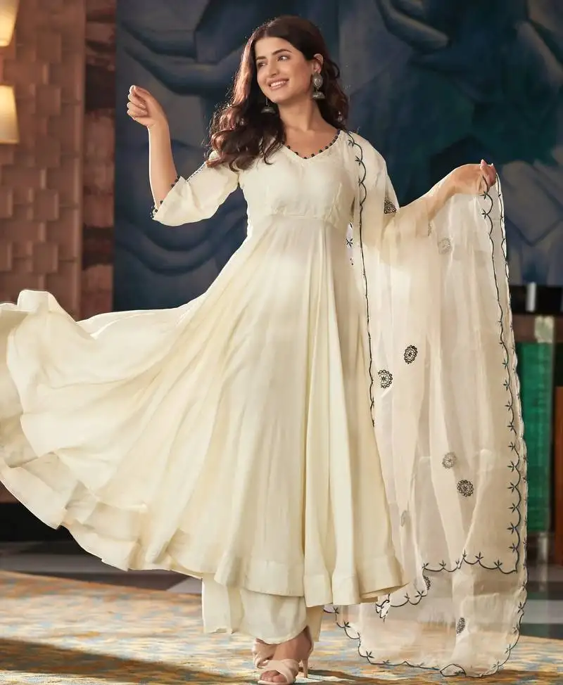 Women's gorgeous embroidery vichitra silk fabric flared kurta pant with dupatta set