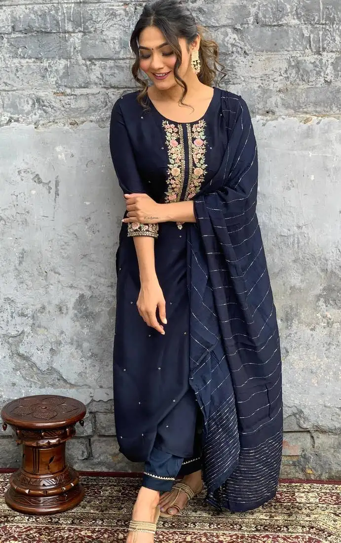 Women's gorgeous embroidery viscose chanderi fabric stright kurta pant with dupatta set