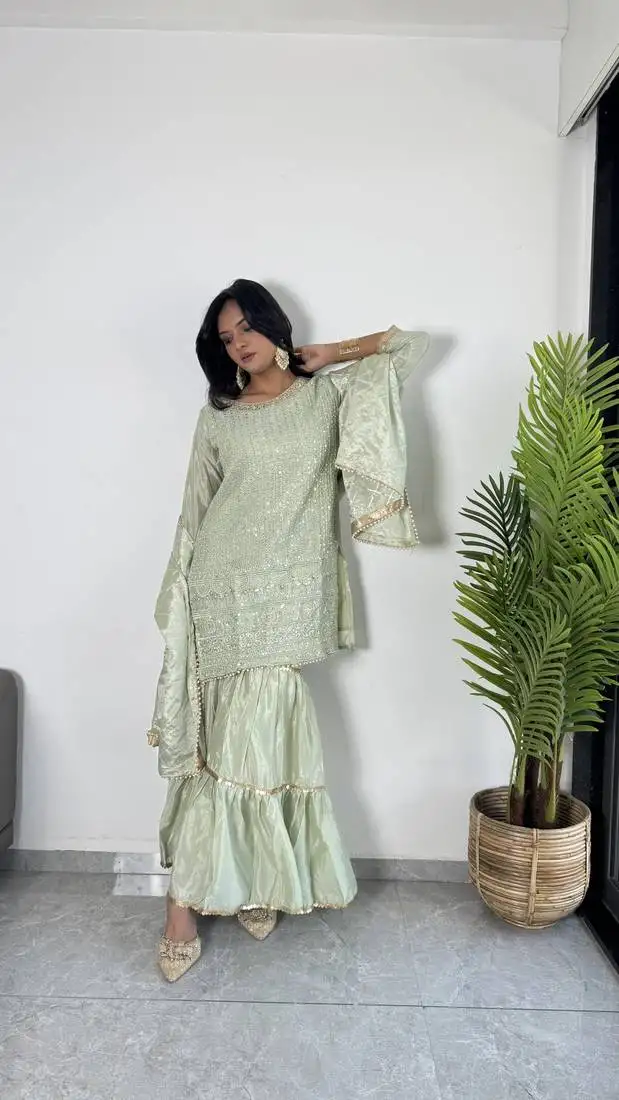 Mint green colour chinnon silk embroidery work fully stitched salwar suit