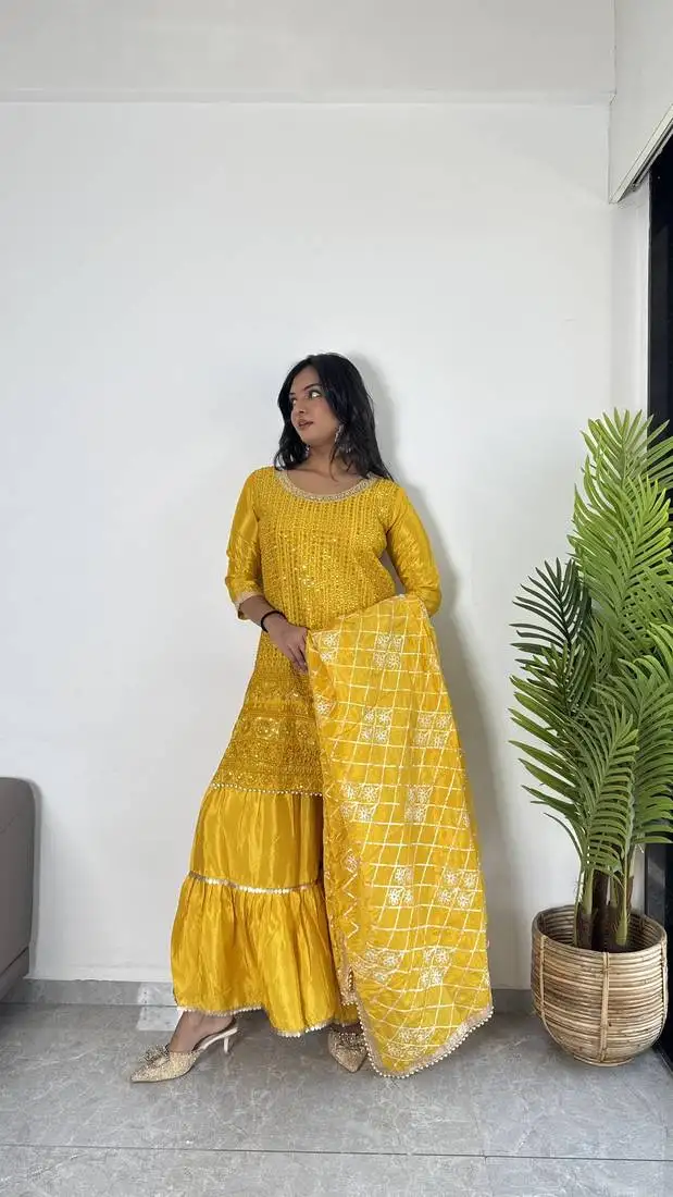 Yellow colour chinnon silk embroidery work fully stitched salwar suit