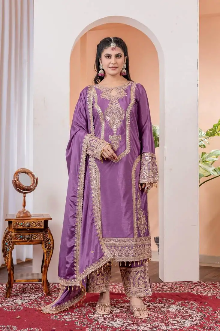 Mauve colour chinnon silk embroidery work fully stitched salwar suit