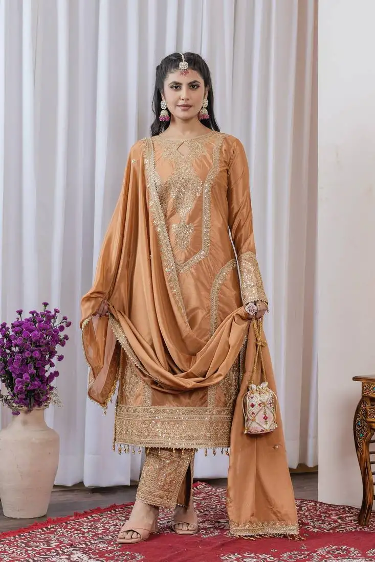Bronze colour chinnon silk embroidery work fully stitched salwar suit