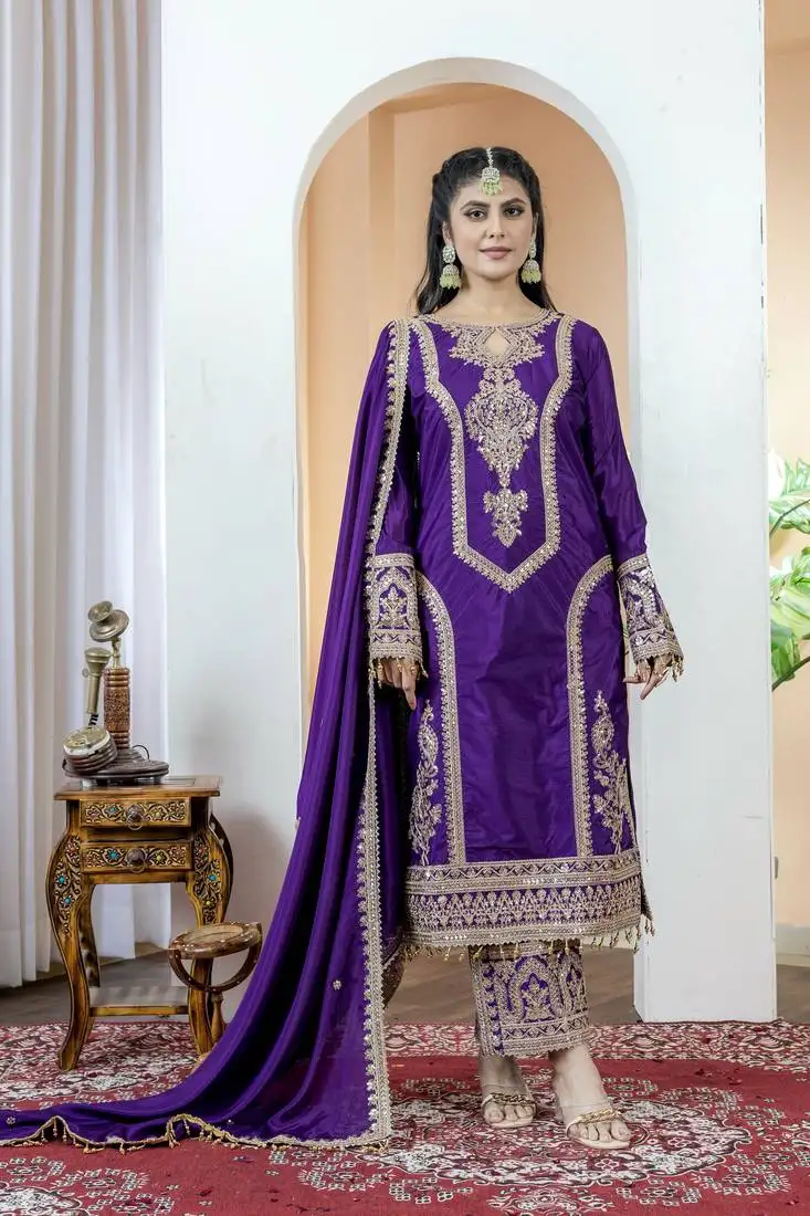 Purple colour chinnon silk embroidery work fully stitched salwar suit