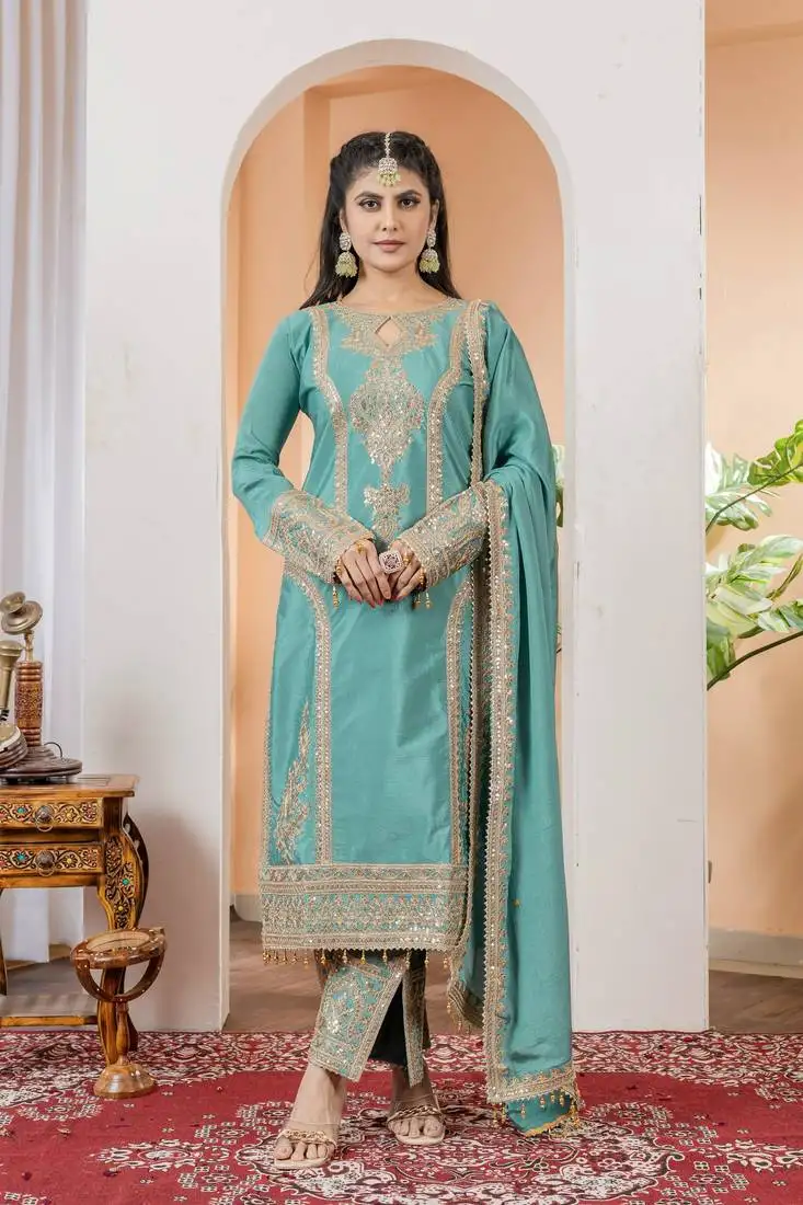 Turquoise colour chinnon silk embroidery work fully stitched salwar suit