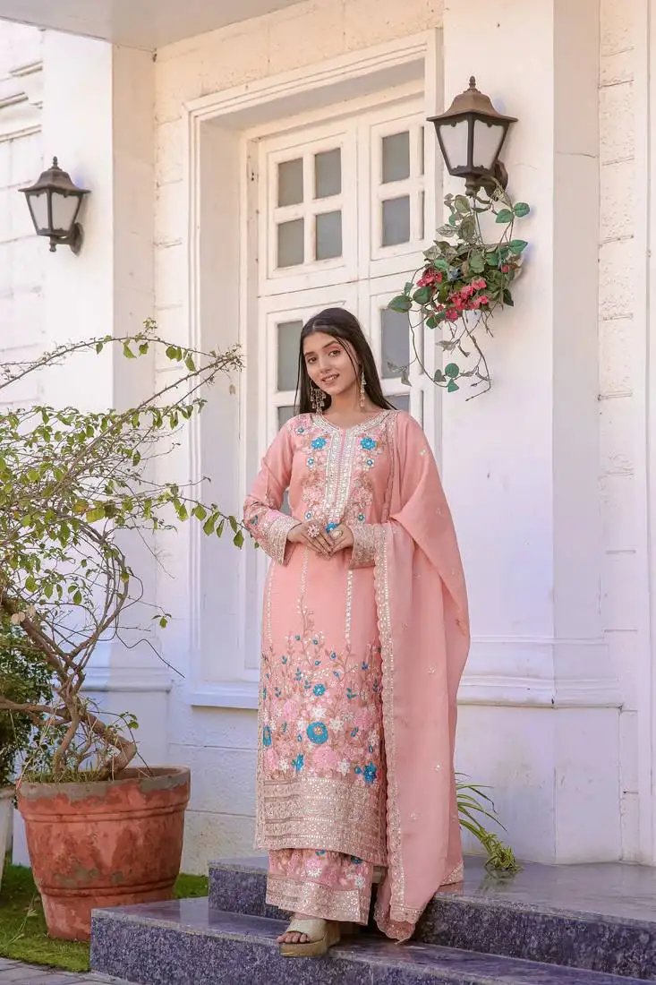 Peach colour chinnon silk embroidery work fully stitched salwar suit