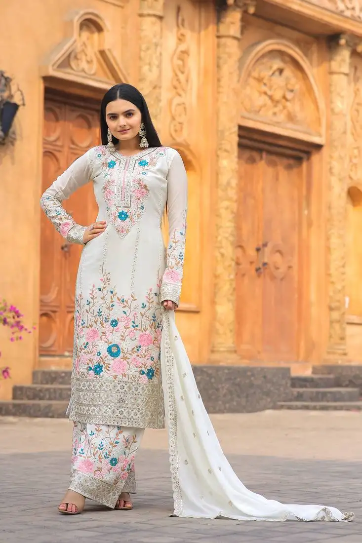 White colour chinnon silk embroidery work fully stitched salwar suit