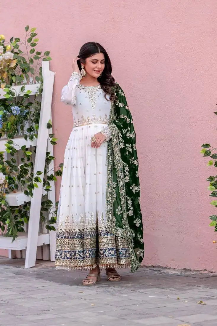 White colour faux georgette embroidery work fully stitched anarkali suit