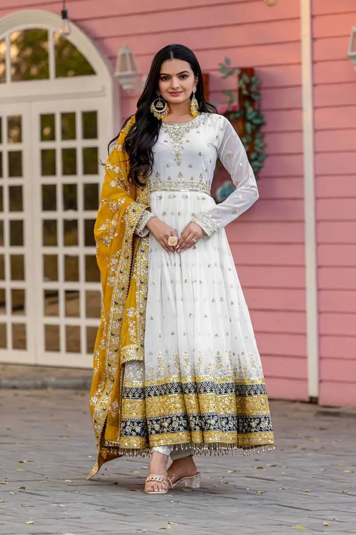 Yellow colour faux georgette embroidery work fully stitched anarkali suit