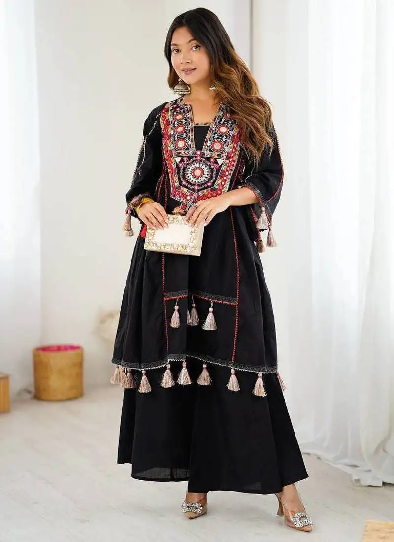 Black colour khadi cotton embroidery and mirror work navratry co-ord set