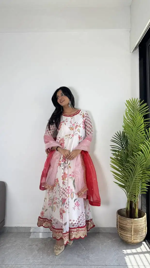 Cream colour faux georgette digital print with embroidery work lace fully stitched gown