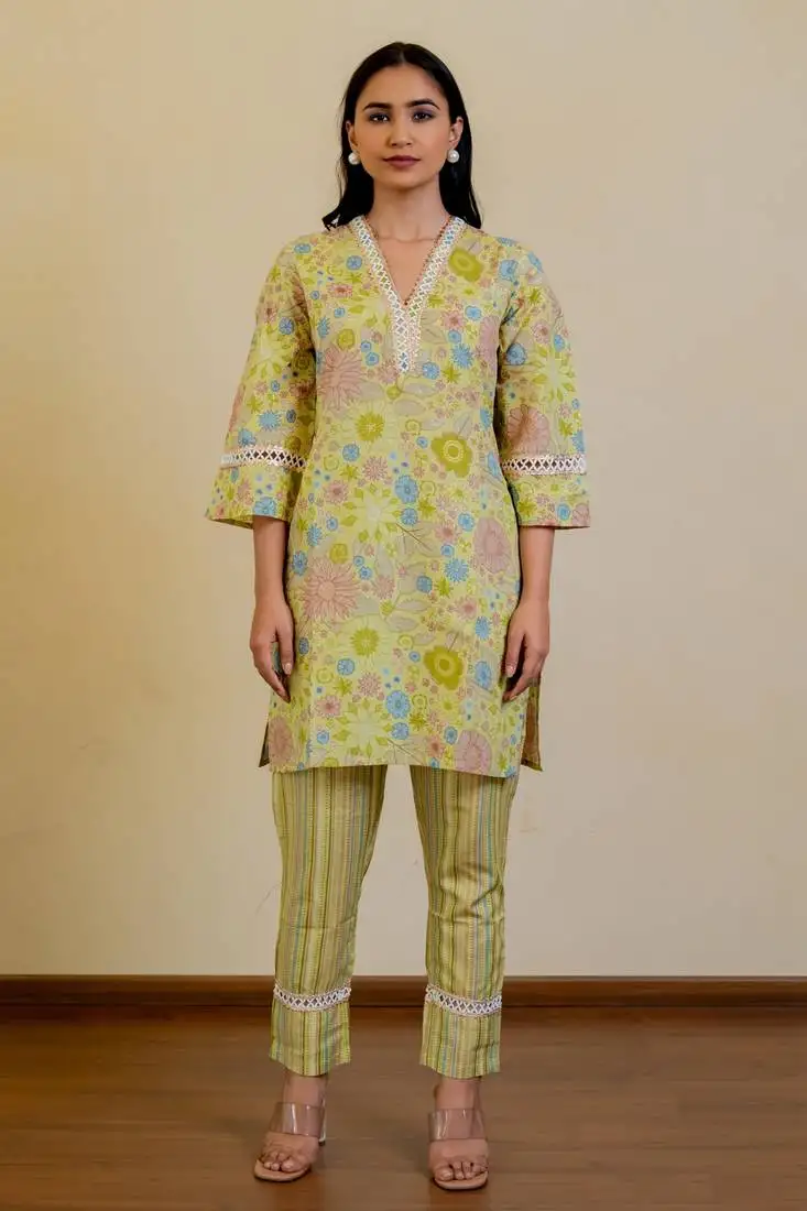 Mustard green regular fit cotton floral foil printed kurta with pant