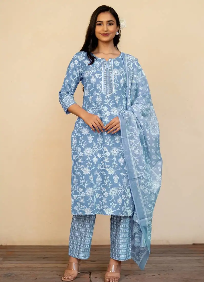 Women's light blue cotton floral print kurta set with dupatta & trouser