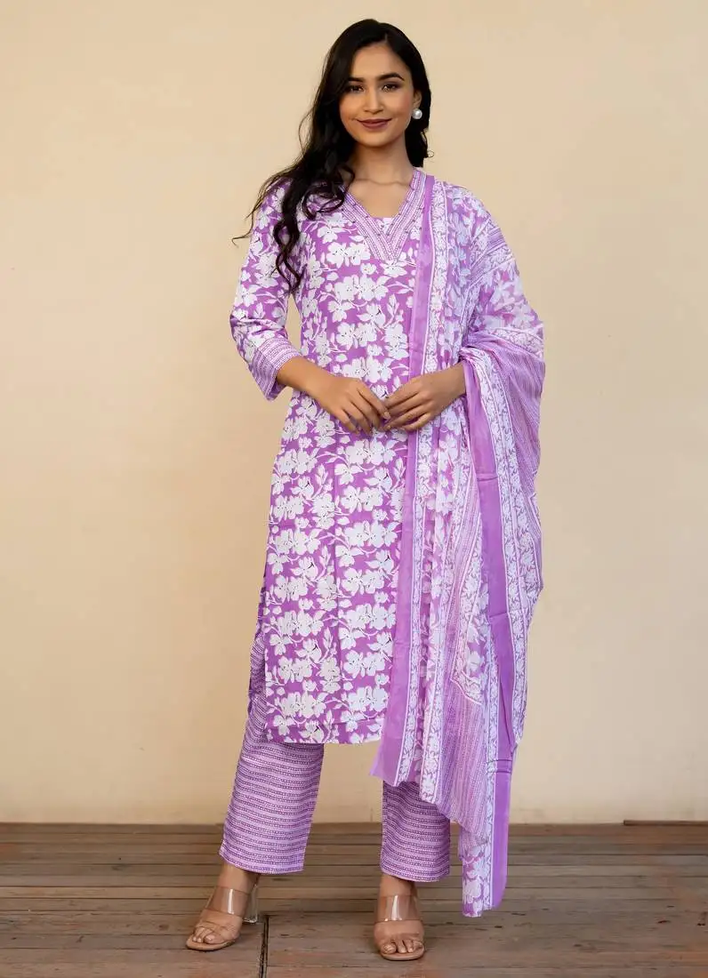 Women's purple off white cotton floral print kurta set with dupatta & trouser