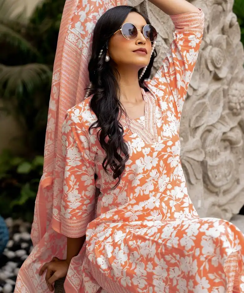 Women's orange cotton floral print kurta set with dupatta & trouser