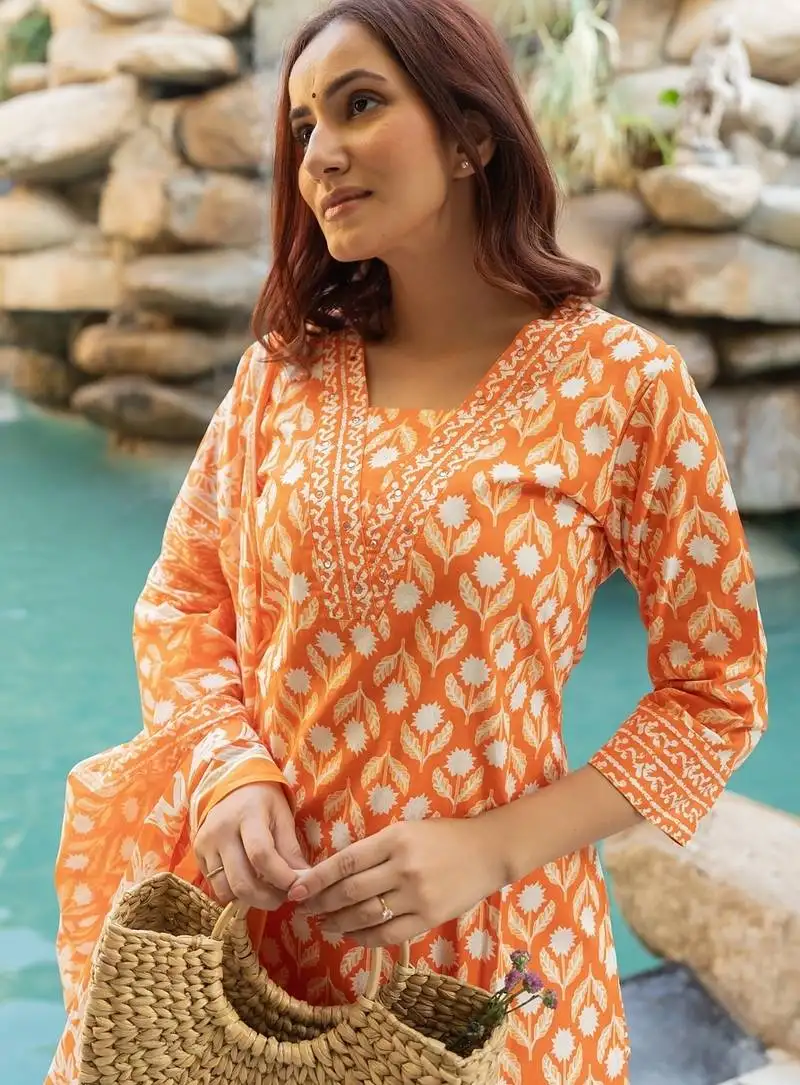 Women's orange grey cotton floral print kurta set with dupatta & trouser